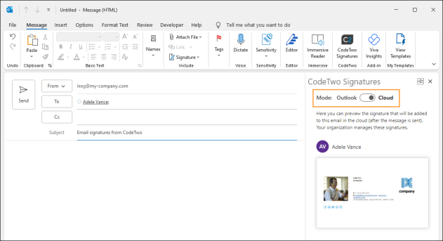 The toggle lets you switch between cloud (server-side) and Outlook (client-side) signatures.