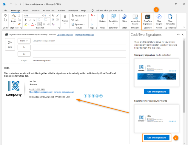 Inserting an email signature manually from the CodeTwo Signatures pane.