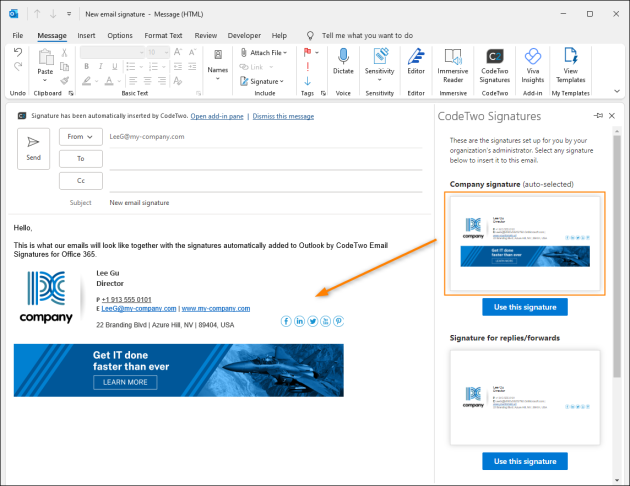 The Web Add-in automatically adds an Outlook (client-side) signature to the body of an email.